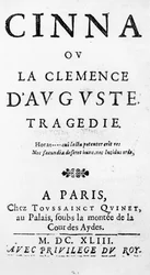 Tittelside til Cinna ou la Clemence dAuguste av Pierre Corneille (1606-84) utgitt i 1643