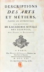 Tittelside til "" Beskrivelser av kunst og metier laget eller godkjent av herrer fra Royal Academy of Sciences"". 1761