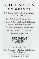 Tittelside for Travels in Guinea and the Caribbean Islands in America av Paul Erdman Isert, utgitt 1743