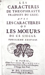 Tittelsiden til The Characters of Theophraste oversatt fra gresk, med Characters or the customs of this century av La Bruyere (1645-96) 1688