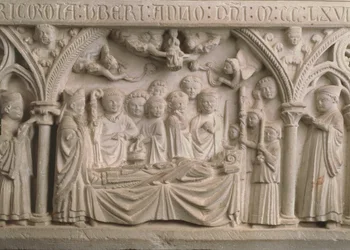 Biskop Radulphes grav (d.1266), detalj fra sarkofagen som viser en prosesjon og det å ta Radulphes sjel til himmelen (se også 171276)