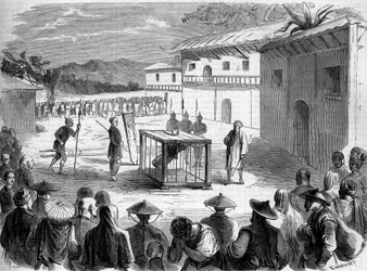 Torture suffered by Father Auguste Chapdelaine (1814-1856); Catholic priest and missionary in China, Quang si province (Quang-si)
