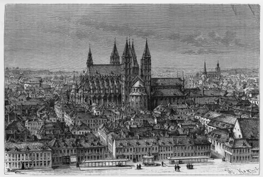 Tournai: utvendig utsikt over Notre-Dame (Notre Dame) og panorama av byen. Gravering av Barclay, for å illustrere historien "" Belgia "", av Camille Lemonnier (1844-1913) belgisk forfatter. Publisert i Le Tour du monde, nouveau journal 