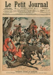 Tragisk villsvinjakt: hesten til Carlos I, konge av Portugal, blir drept under ham, forsideillustrasjon fra «Le Petit Journal», illustrert bilag, 23. desember 1906