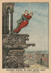 To unges tragiske selvmord fra tårnet på katedralen i Antwerpen, illustrasjon på baksiden fra «Le Petit Journal, supplément illustré», 11. mai 1913