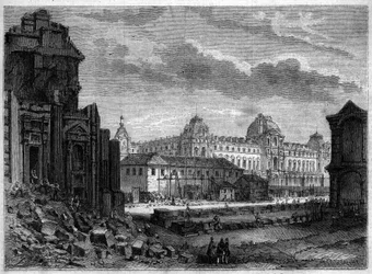 Transformasjoner av Paris under det andre imperiet, Haussmann Paris: riving av Flore-paviljongen og arbeider på gårdsplassen til Tuileriene - Gravering i "" Le Monde Illustré"" nr. 244 av 14. desember 1861
