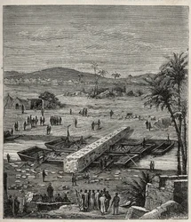 Transport av obelisken til Ptolemee Philadelph (Ptolemaios Philadelphos) (Ptolemaios II) på Nilen til Alexandria - Gravering i "" Vitenskaper tilgjengelig for alle - Populær fysikk og kjemi"" av Alexis Clerc - Slutten av 1800-tallet - Privat samling