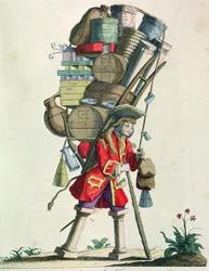 Traveling Spice, Liquor and Remedy Selger i 1721, fra Costumes de Paris a Travers les Siecles, utgitt 1887 (fargegravering)