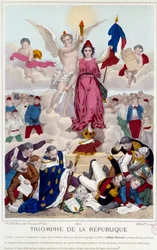 Republikkens triumf, gravering fra 1875. Allegori om allmenn stemmerett som ødelegger republikkens fiender: «[...] Men Frankrike er beskyttet mot deres konspirasjon, og går i spissen for siviliserte nasjoner på veien til fremskritt og frihet». 