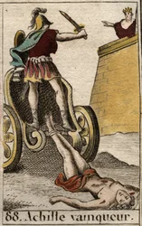 Trojansk krig: Triumferende Achilles som drar Hectors livløse kropp foran Trojas porter. Fra "Mythology of Youth" av Pierre Blanchard 1803.