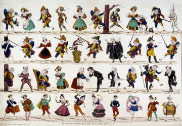Sannferdig historie om Monsieur polychinelle (polichinelle). Bilde av Epinal, sd. 1800-tallet.