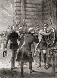 Tsar Nicholas I innviet semafor-telegraflinjen mellom Moskva og Warszawa i 1833, ved å bruke en modifikasjon av Claude Chappes semaforsystem, fra Les Merveilles de la Science, publisert ca. 1870 (gravering)