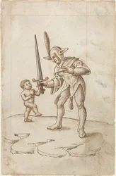 Vend det skarpe sverdet til side [fol. 44 recto], ca. 1512–1515 (penn og brunt blekk med akvarell på bundet papir)