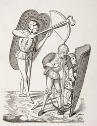 To franske armbrøstskyttere fra 1400-tallet, den ene avfyrte våpenet, den andre lastet det med et ankerspill, begge beskyttet av pavises, fra 'Les Arts au Moyen Age', utgitt 1873