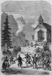 Tyrol, scene for returen av de tyrolske troppene fra den østerrikske hæren, i oktober 1866. Gravering