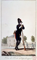 Uniform: en student ved Polytechnic School på 1800-tallet. Trykk fra 1800-tallet. Paris, Musee Carnavalet