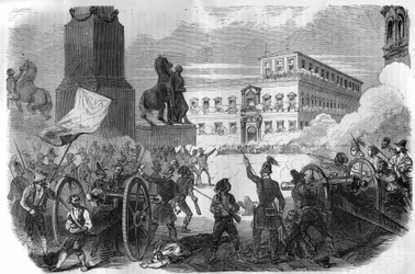 Uprising in Bologna: overthrow of the pontifical government under Gregoire XVI Pope from 1831 to 1846. Engraving in “Histoire des Papes-Rois-Queen and Empereurs a travers les centuries”” by Maurice Lachatre