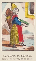Grønnsaksselger. Kjøper kålrot, salat., rundt 1819 (trykk)