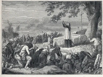 Vendee Wars (1793-1796): Priest inserts celebrating a mass under an oak for the insurgent population who reject sworn priests. Engraving from 1889. Private collection.