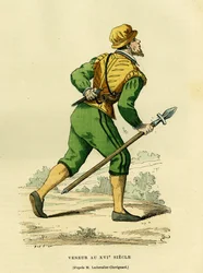Veneurs kostyme, ansvarlig for jakt på vanlige hunder, på 1600-tallet. Fargegravering etter en tegning av Lechevaller-Chevignard, i «France et les francais a travers les centuries» av Augustin Challamel, F.Roy-redaktør, Paris 1882. Selva-samlingen.