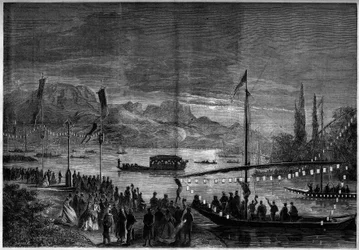 Venetiansk fest ved Annecysjøen i anledning besøket til Napoleon III og imponen Eugenie de Montijo. Annecy, Haute Savoie (74)