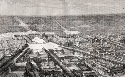 Versailles med sitt slott på 1800-tallet - gravering i "La France illustree: geografi, historie, statistisk administrasjon" av V.A. Malt-brun. 1884