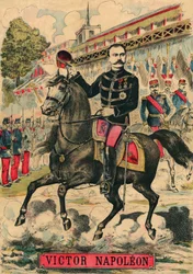 Viktor Napoleon (1862–1926) i spissen for bonapartistenes støttespillere, den siste arvingen til Napoleon I, måtte dra i eksil etter en lov vedtatt av den tredje republikk i 1886. Gravering i «Le Figaro, supplement», 30.03.1889, Paris. Coll. Selva.