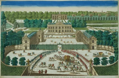 Utsikt og perspektiv på inngangen til Chateau of Marly, gravert av Antoine Aveline (1691-1743)