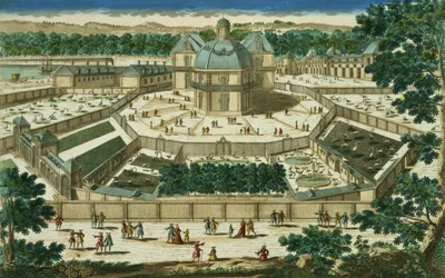 Utsikt og perspektiv av Salon de la Menagerie i Versailles, gravert av Antoine Aveline (1691-1743)