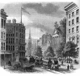 View of Boadway in New York. Engraving from 1862-1863.