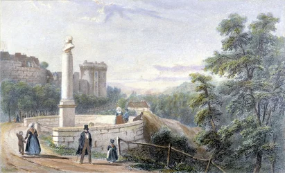 Utsikt over Dinan slott og statuen av Duclos Pinot. Illustrasjon fra 1800-tallet bevart på Dinan Museum.