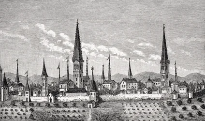 Utsikt over Dortmund, etter et kobberstikk i 'Theatrum Geographicum' av P. Bertius, fra 'Le Moyen Age et la Renaissance' av Paul Lacroix (1806-84) utgitt 1847