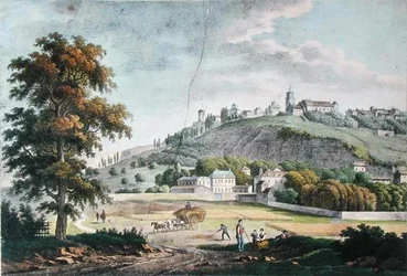 Utsikt over Montmartre fra St. Denis (farge litho)