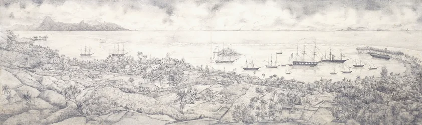 Utsikt over Papeete, Tahiti, over havnen mot Moorea, midten av 1800-tallet