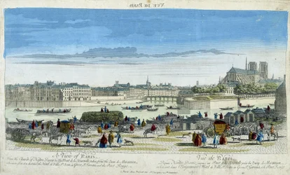 Utsikt over Paris og Notre-Dame (Notre Dame), med bryggene til Ile St Louis - gravering