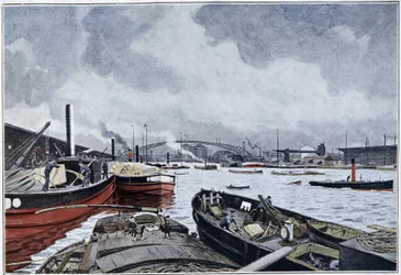 Utsikt over Paris, Seinen og Villettebassenget, akvarell av Brun. 1889.
