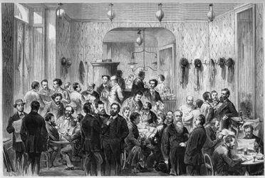 Utsikt over "Cafe du Levant", i Genève, møtested for flyktningene til Paris-kommunen og Lyon-kommunen. Fra venstre til høyre er representert: Masse, Sirdey, Andignous, Jules Frantz, Jules Moutils, Gaillard (far og sønn), Perrare, J. Guesde, L.