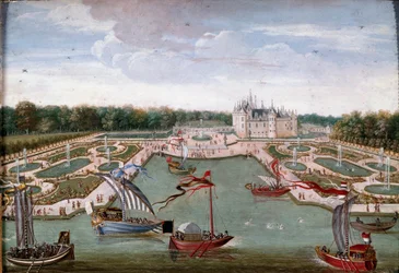 Utsikt over Chateau de Chantilly og sengene hentet fra Vertugadin Anonymous-maleriet av Ecole francaise. Omkring 1680. Dim. 0,26x0,34 m. Chantilly, Conde-museet