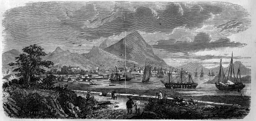 Utsikt over byen Hong Kong (Hong Kong) (Canton Bay Island) i 1857. Gravering i “” Le Monde Illustré”” nr. 29 av 31. oktober 1857.