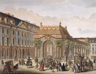 Utsikt over Place de Louis le Grand, med et av rommene konstruert i anledning ekteskapet til Monseigneur le Dauphin (detalj av 101866) (fargegravering)