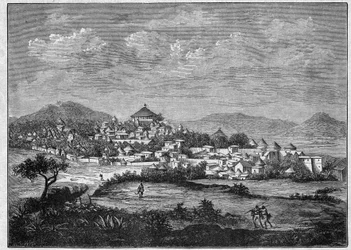 Utsikt over byen Adoua, hovedstaden i Tiger-regionen i Etiopia. Gravering fra 1896 i "" L'Abyssinie"" av Achille Raffray.