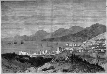 Utsikt over byen Beirut i 1860. Gravering i "The Illustrous World"" nr. 172 av 28. juli 1860.