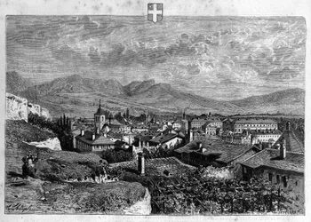 View of the city of Chambery in Savoy. Engraving from 1880 in “La republique illustree”” private collection.