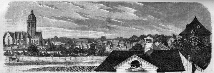 Utsikt over distriktet i byen Kastrich, i Mainz (Tyskland), før eksplosjonen av kruttønnen i 1857. Fra et fotografi. Gravering i "" Le Monde Illustré"" nr. 36 av 19. desember 1857.
