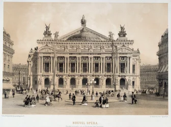 Utsikt over fasaden til Opera Garnier i Paris med utsikt over Boulevard des Capucines. Fra 1800-tallets akvarell Paris, Musee Carnavalet