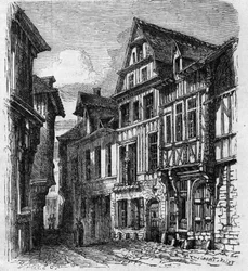 Utsikt over huset som ligger rue de la Pie, i Rouen, hvor Pierre Corneille ble født. Gravering i "" Le Monde Illustré"" nr. 308 av 3. januar