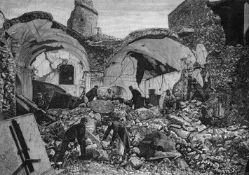 Utsikt over ruinene av Chiese del Purgatorio, ødelagt under jordskjelvet i 1881 på øya Ischia (Italia). Gravering av Quesnel i "" The Illustrous World"" nr. 1254 av 9. april 1881.