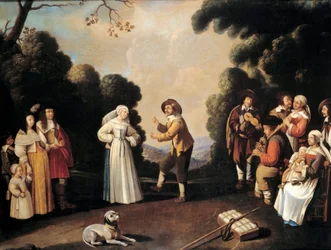 Landsbydansscene sannsynligvis på en bryllupsfest, en gravid kvinne til venstre. Maleri av den franske skolen. Avignon fra 1600-tallet, Musee Calvet