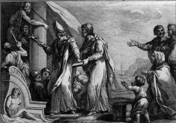 Besøk av Saint Germain the Auxerrois til England, rundt 430: Saint Germain (rundt 378-448), Auxerre eveque, som kom for å bekjempe pelagianisme, betraktet som kjetteri. Gravering fra 1700-tallet.