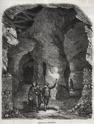 Besøk av katakombene i Paris på 1800-tallet - Gravering i "" Fysisk, sivil og moralsk historie i Paris: fra de tidligste historiske tider til i dag" av Jacques Antoine Dulaure